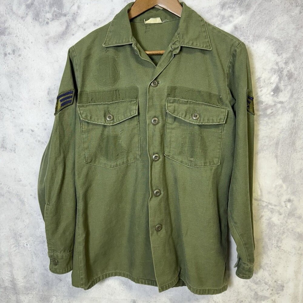 Vintage OG-107 Sateen Military Shirt Mens Medium Green Button Up Long Sleeve
